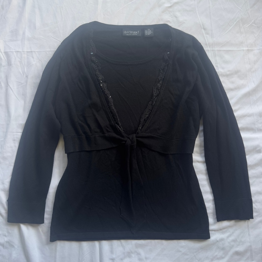 Vintage 90s Y2K Black Knit Long Sleeve Top with Tie Detail and Sequins - Picture 2 of 8